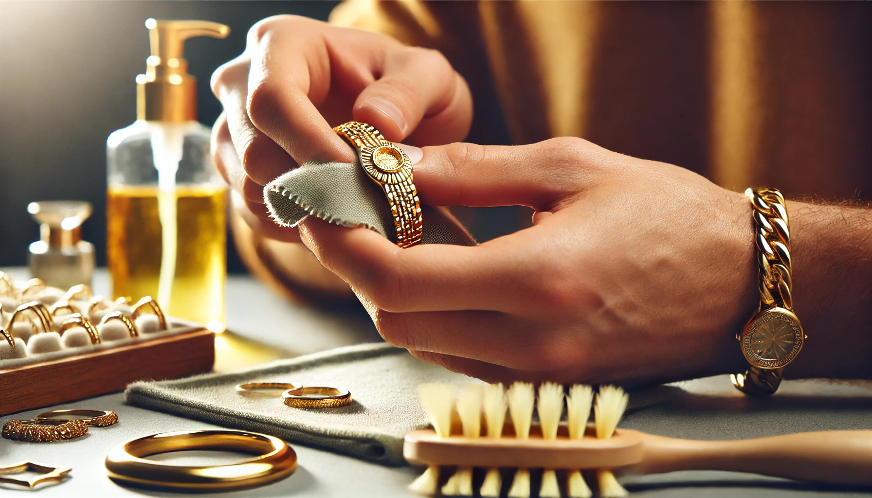 Comment nettoyer des bijoux en or DALL·E 2024 08 14 16.21.17 A detailed image banner showing a person carefully cleaning a gold piece of jewelry. The scene is close up focusing on the hands of the person holdin - Comment nettoyer des bijoux en or