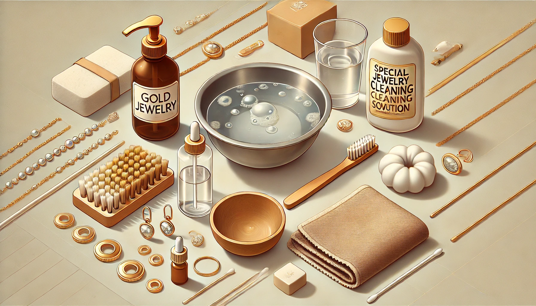 Comment nettoyer des bijoux en or DALL·E 2024 08 14 16.23.10 A banner image representing the materials needed to clean gold jewelry at home. The scene should be organized neatly on a clean surface showcasing th - Comment nettoyer des bijoux en or