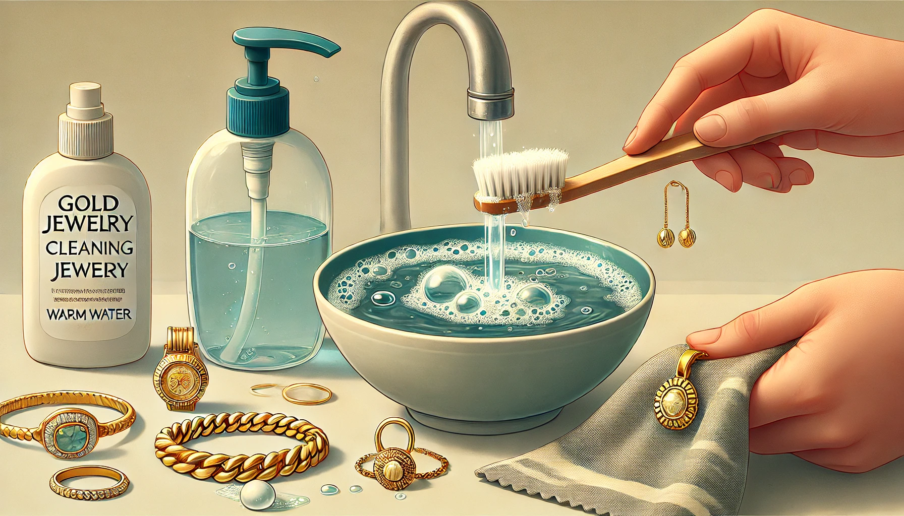 Comment nettoyer des bijoux en or DALL·E 2024 08 14 16.24.23 A banner image illustrating the method for cleaning gold jewelry with mild soap and warm water. The image should show a step by step process a bowl f - Comment nettoyer des bijoux en or