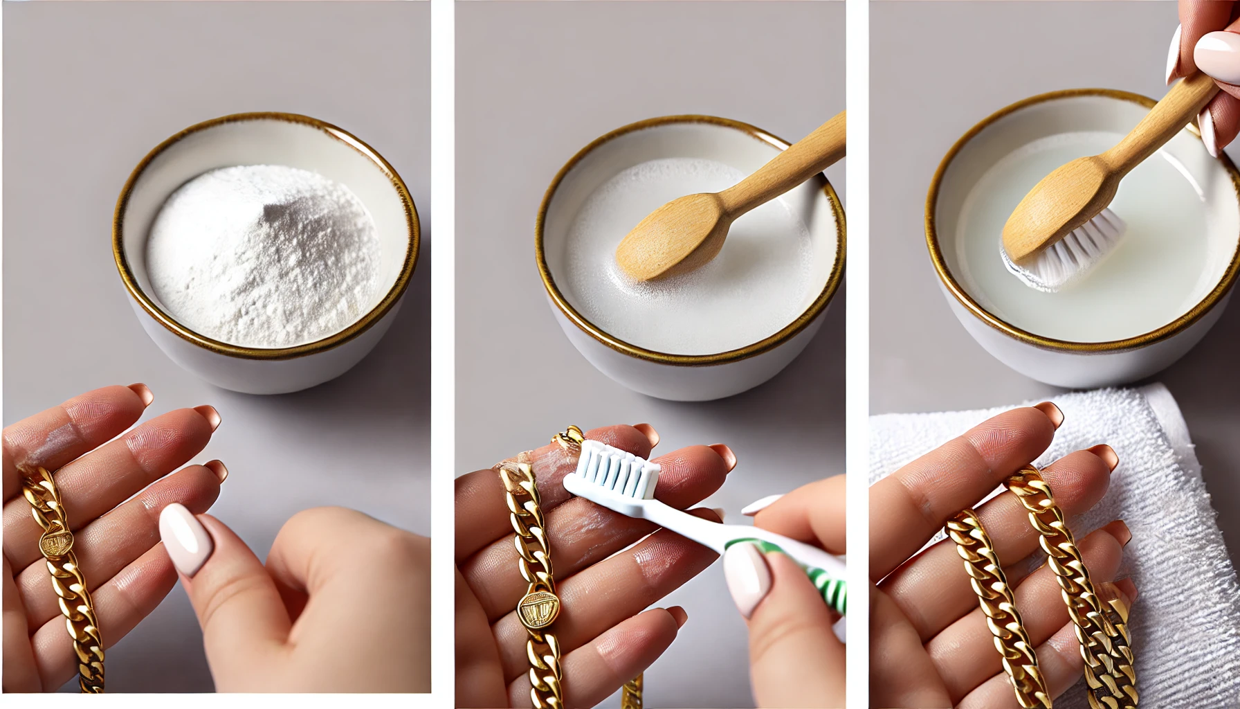 Comment nettoyer des bijoux en or DALL·E 2024 08 14 16.26.38 A banner image illustrating the method for cleaning gold jewelry using baking soda. The image should show the following steps a small bowl with a thi - Comment nettoyer des bijoux en or