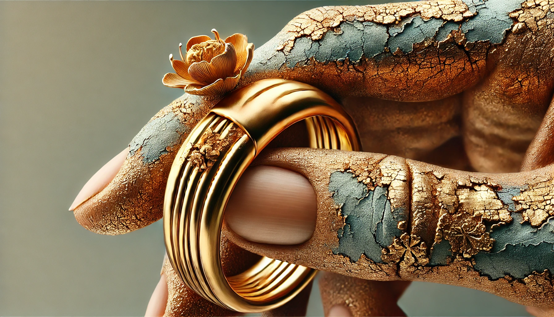 Comment distinguer un bijoux en or ou en plaqué or DALL·E 2024 08 14 16.36.20 A banner image illustrating the wear and discoloration of gold plated jewelry over time. The image should focus on a close up of a piece of gold plate - Comment distinguer un bijoux en or ou en plaqué or