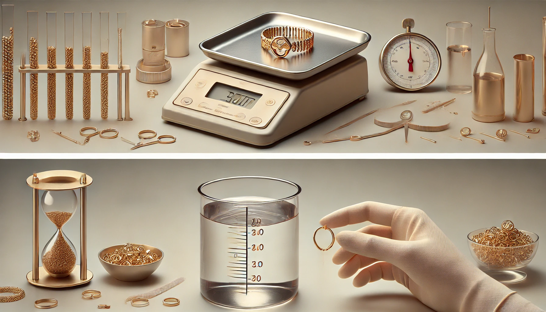 Comment distinguer un bijoux en or ou en plaqué or DALL·E 2024 08 14 16.39.24 A banner image illustrating the density test to distinguish between gold and other metals. The image should show a simple setup with a precise scale w - Comment distinguer un bijoux en or ou en plaqué or