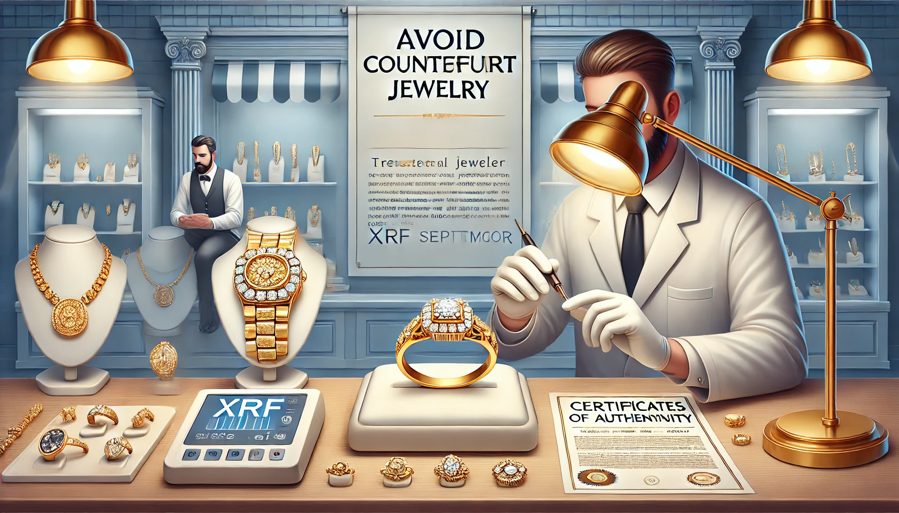 Comment distinguer un bijoux en or ou en plaqué or DALL·E 2024 08 14 16.41.22 A banner image illustrating tips to avoid counterfeit jewelry. The image should depict a trusted jewelry store setting with a display of elegant gold - Comment distinguer un bijoux en or ou en plaqué or