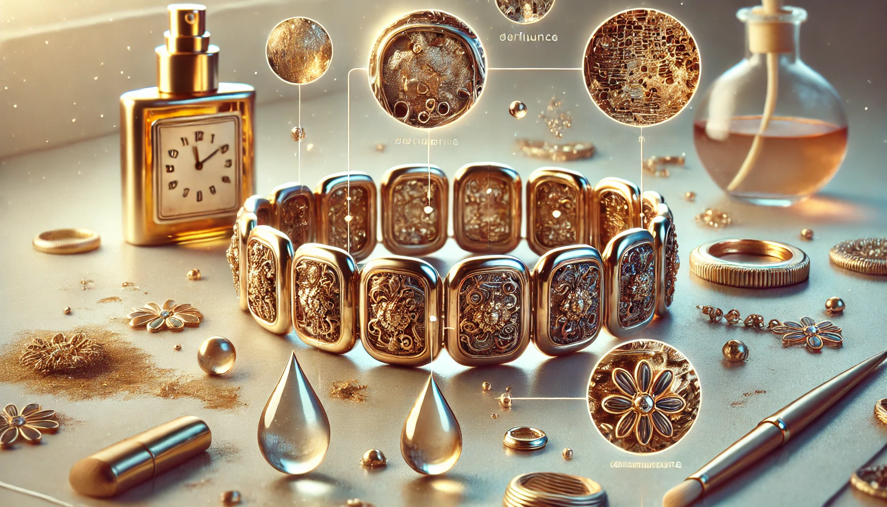 DALL·E 2024 08 14 17.08.54 A banner image illustrating why gold plated jewelry tarnishes over time. The image should show a close up of a tarnished gold plated bracelet or neckl - Comment redonner de l'éclat aux bijoux en plaqué or