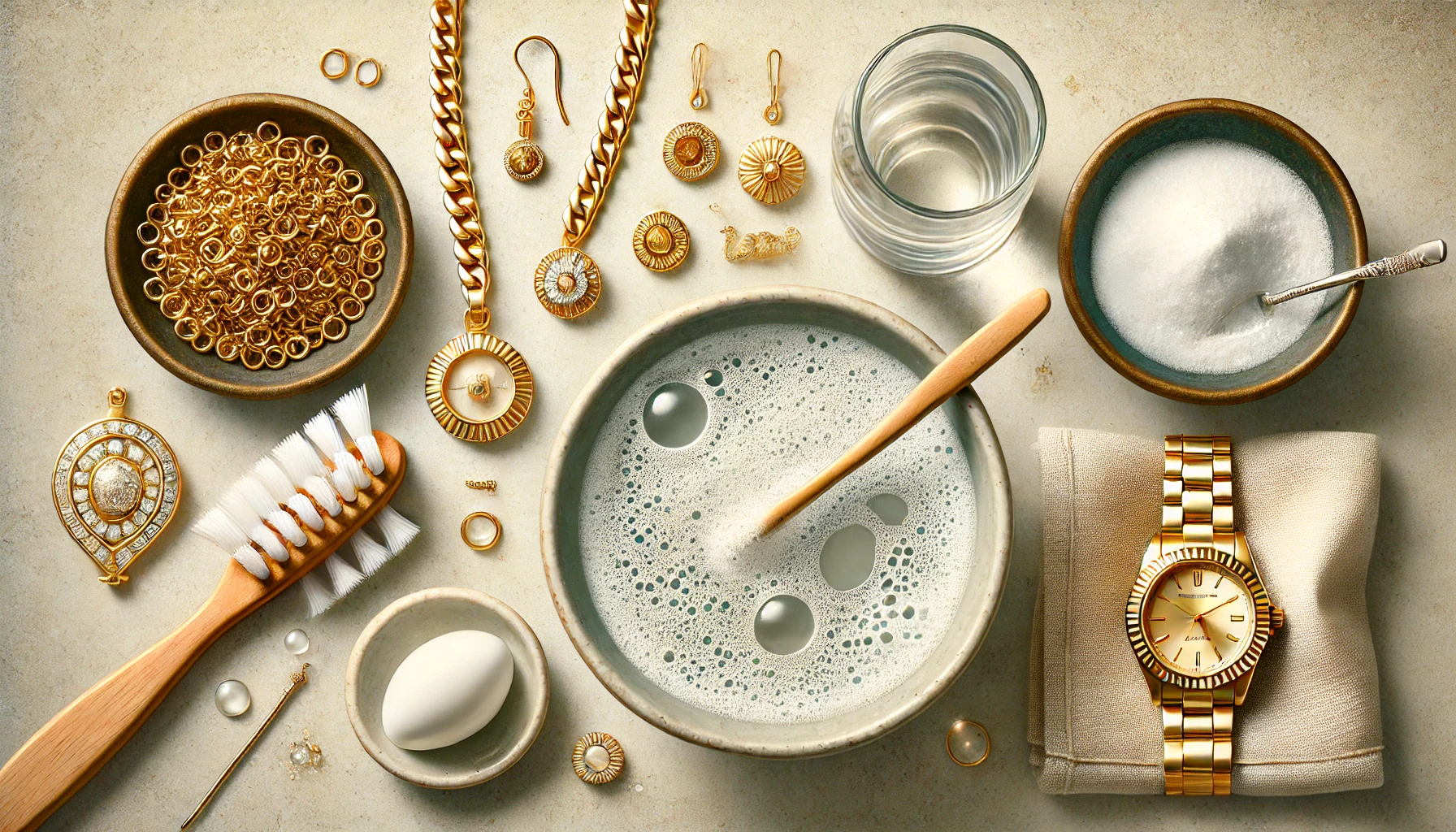 DALL·E 2024 08 14 17.10.10 A banner image showing various methods to restore shine to gold plated jewelry. The image should depict three cleaning methods  a bowl of warm soapy w - Comment redonner de l'éclat aux bijoux en plaqué or