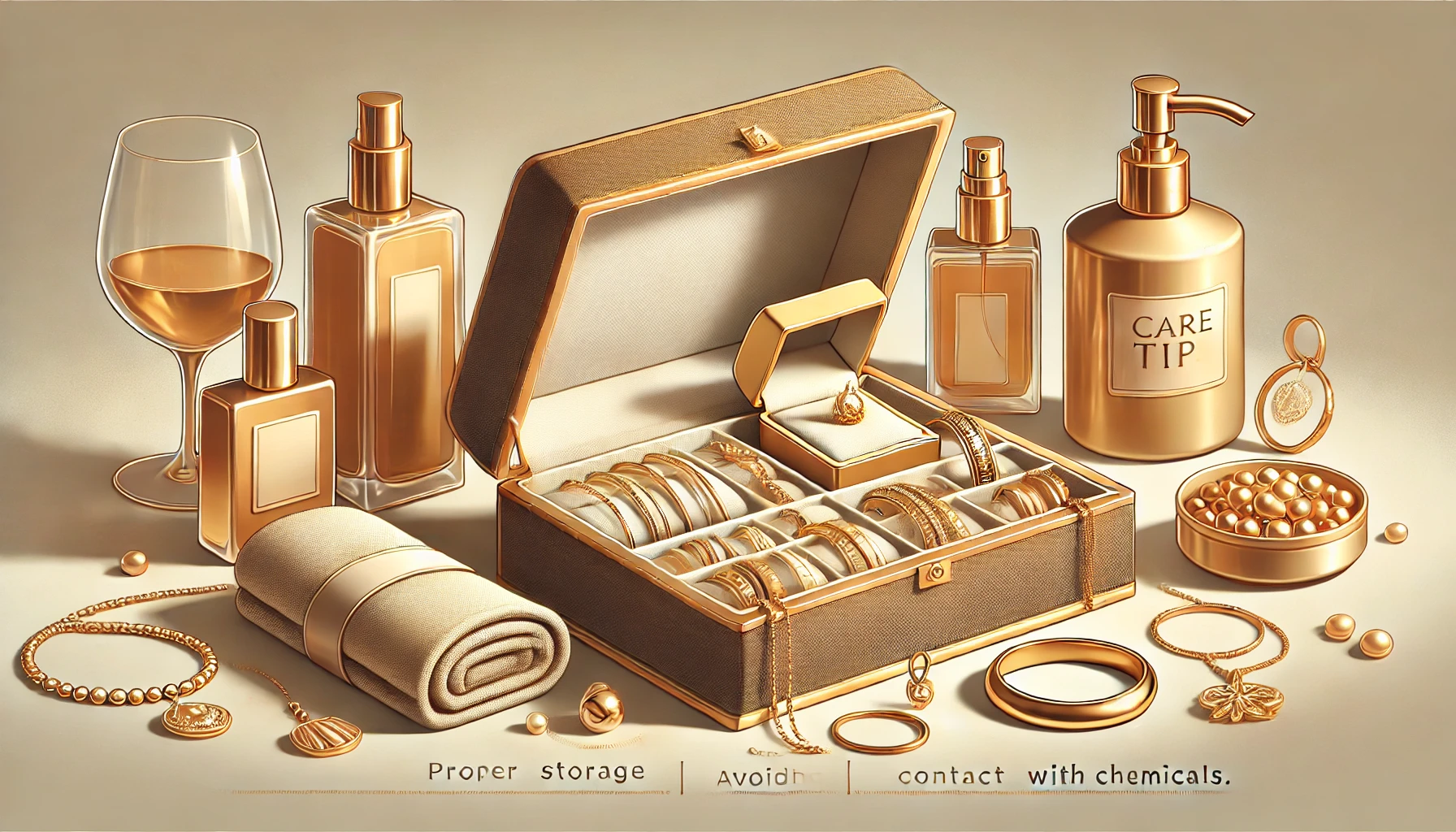 DALL·E 2024 08 14 17.11.49 A banner image illustrating tips for maintaining gold plated jewelry. The image should depict a jewelry box with neatly stored gold plated jewelry sh - Comment redonner de l'éclat aux bijoux en plaqué or