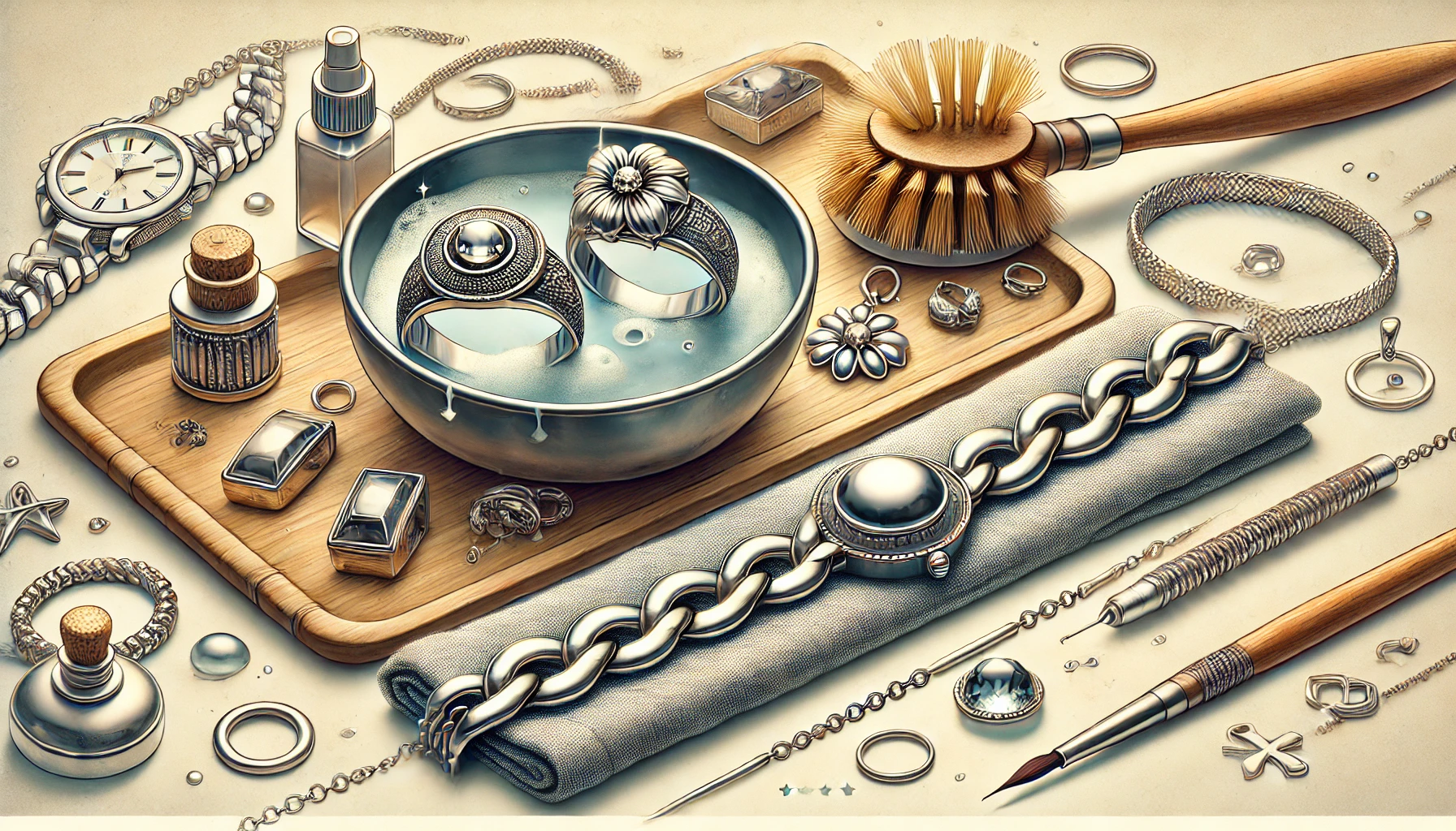 DALL·E 2024 08 14 17.19.16 A banner image illustrating why silver jewelry tarnishes and the importance of regular cleaning. The image should show tarnished silver jewelry alongs - Avec quoi Peut on nettoyer les bijoux en argent