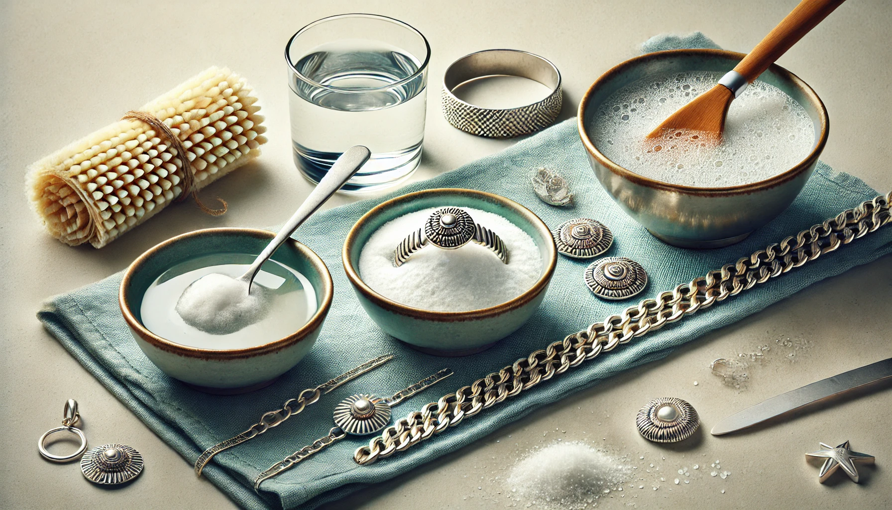 DALL·E 2024 08 14 17.20.32 A banner image illustrating traditional methods for cleaning silver jewelry. The image should depict three cleaning methods  a small dish with a paste - Avec quoi Peut on nettoyer les bijoux en argent