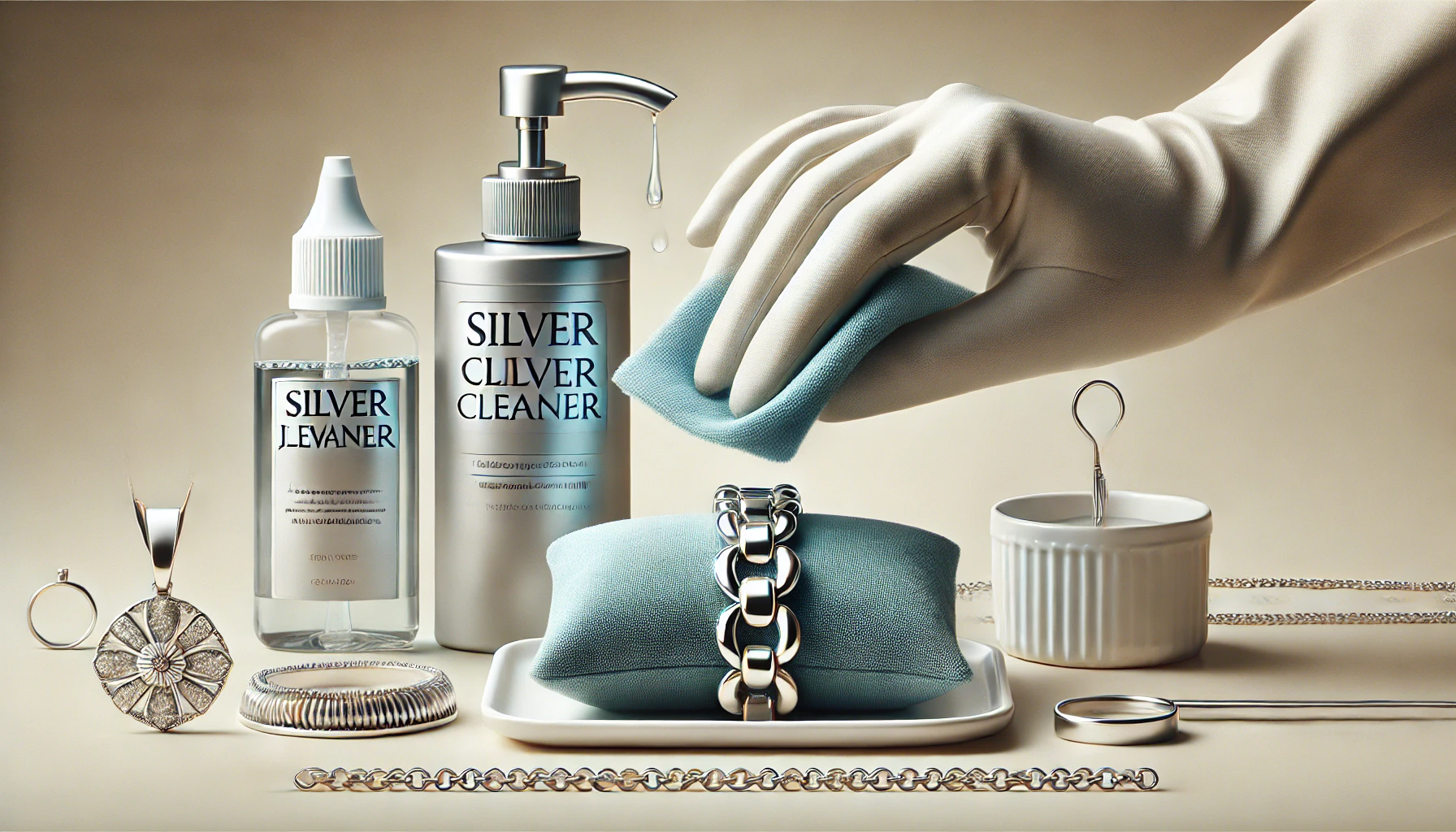 DALL·E 2024 08 14 17.21.40 A banner image illustrating commercial methods for cleaning silver jewelry. The image should depict silver jewelry being cleaned with specialized clea - Avec quoi Peut on nettoyer les bijoux en argent