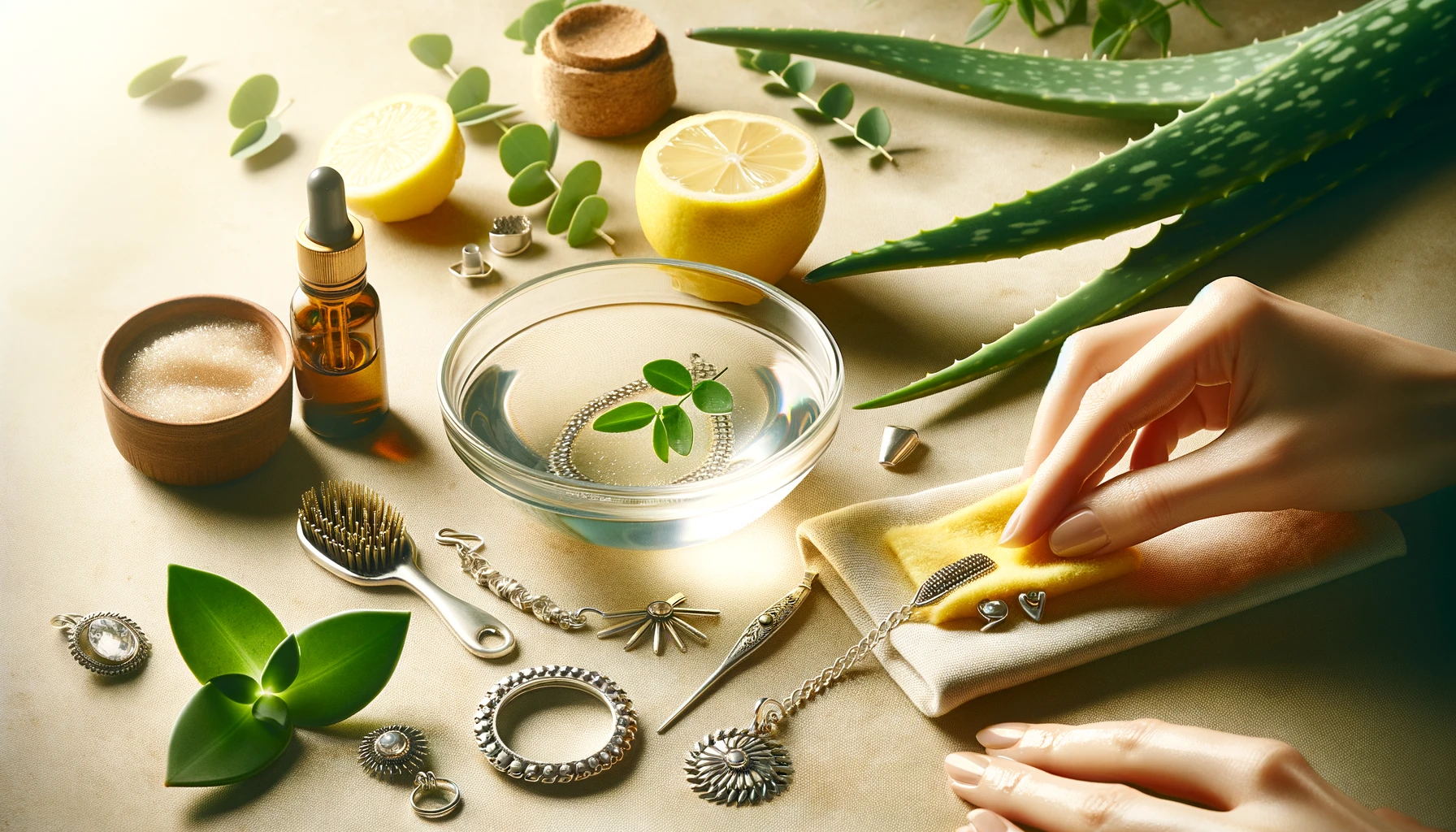 DALL·E 2024 08 14 17.22.58 A banner image illustrating natural alternative methods for cleaning silver jewelry. The image should show silver jewelry being cleaned with two diffe - Avec quoi Peut on nettoyer les bijoux en argent