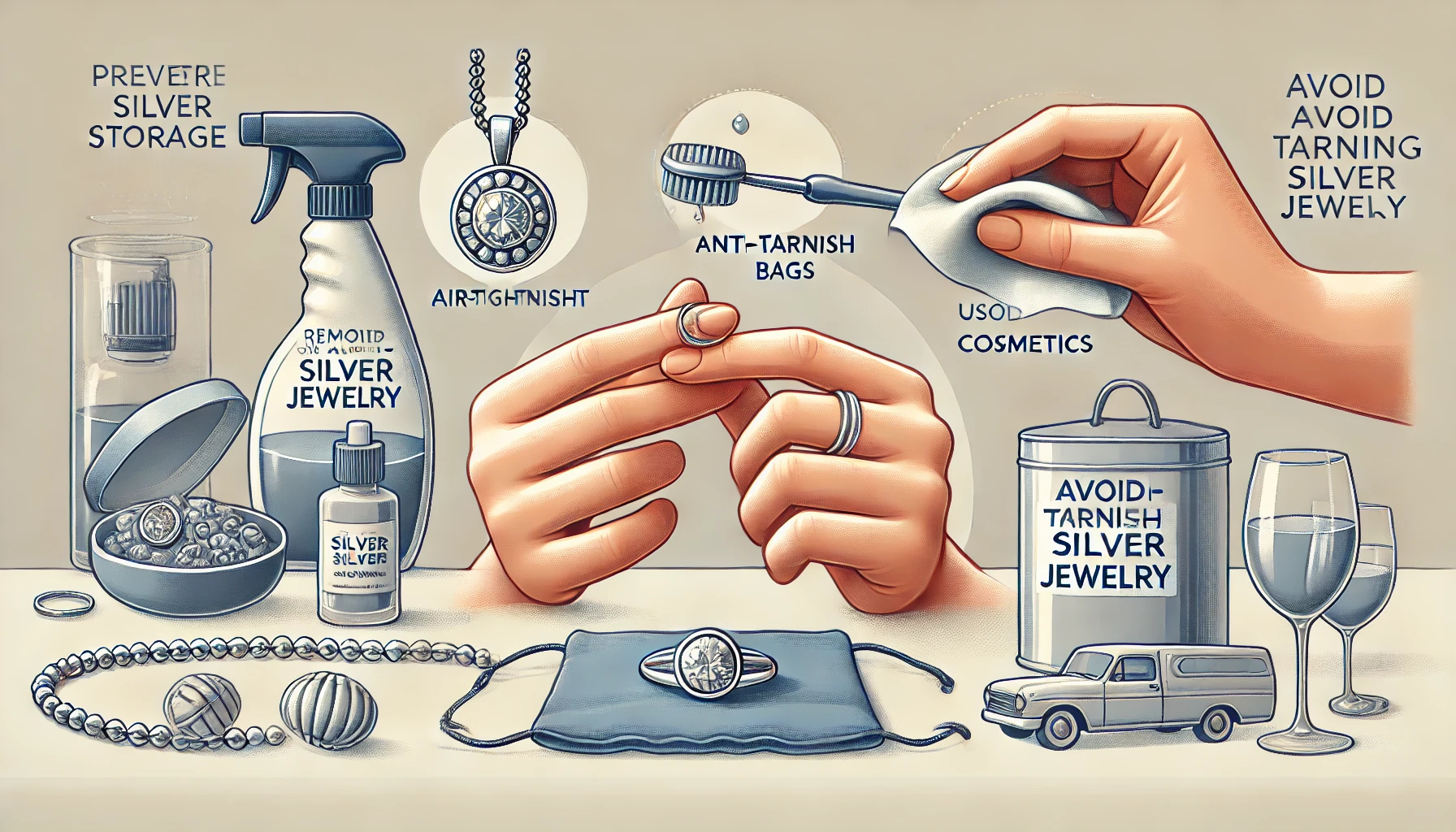 DALL·E 2024 08 14 17.34.38 A banner image inspired by preventive tips to avoid tarnishing silver jewelry. The image should depict silver jewelry being carefully stored in airtig - Avec quoi Peut on nettoyer les bijoux en argent