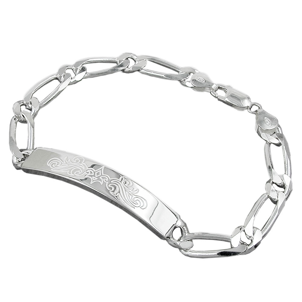 Bracelet argent 925 chaîne Figaro diamantée avec plaque gravable