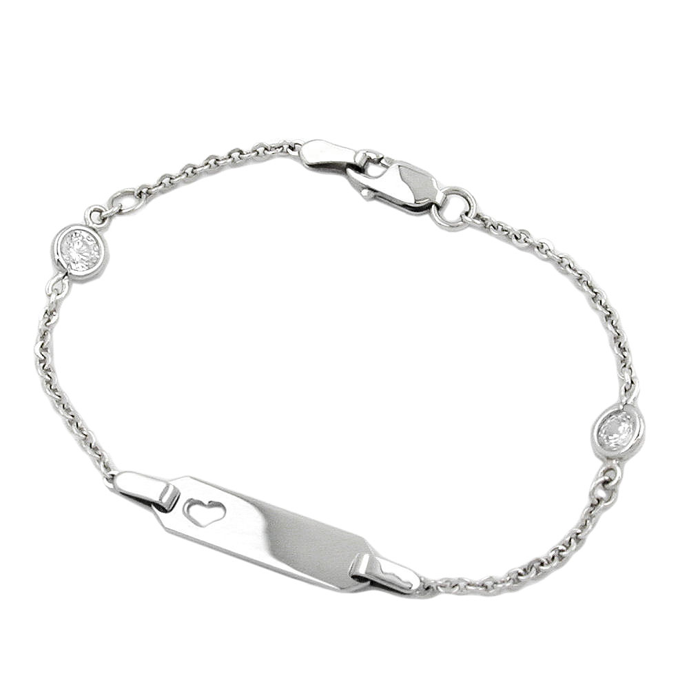 Bracelet identité enfant argent 925 chaîne ancre 1,7mm avec plaque gravure cœur et zircons blancs