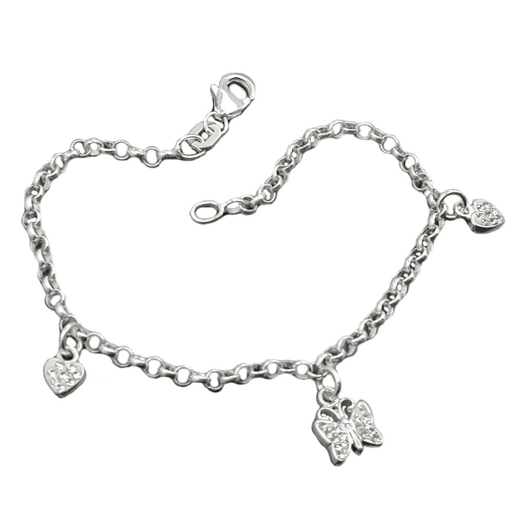 Bracelet argent 925 avec pendentifs coeurs et papillon en verre