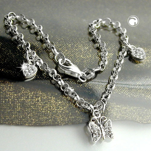 Bracelet argent sterling fin orné de deux coeurs et d'un papillon scintillant
