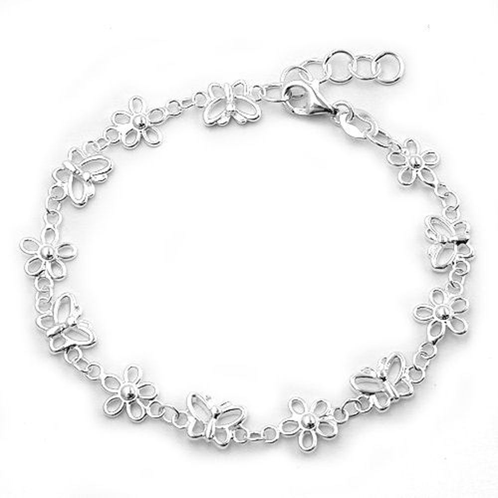 Bracelet argent 925 avec motifs fleur et papillon sur fond blanc