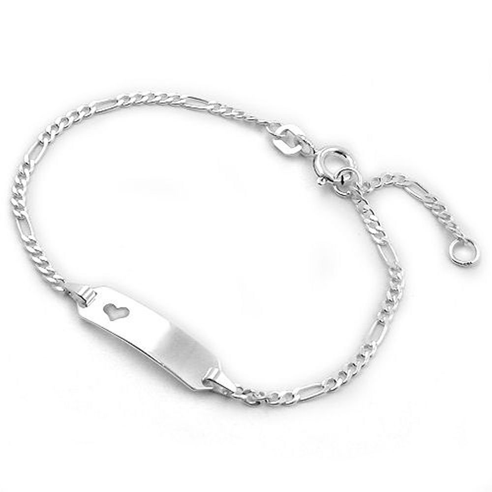 Bracelet argent 925 chaîne Figaro avec plaque gravable et cœur découpé