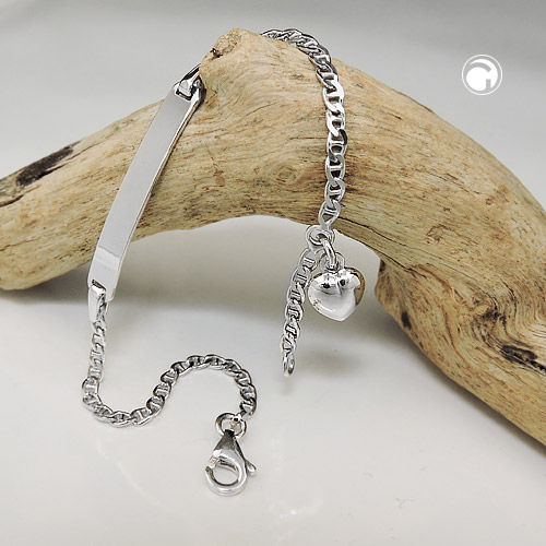 Bracelet enfant argent rhodié avec plaque à graver et cœur bombé