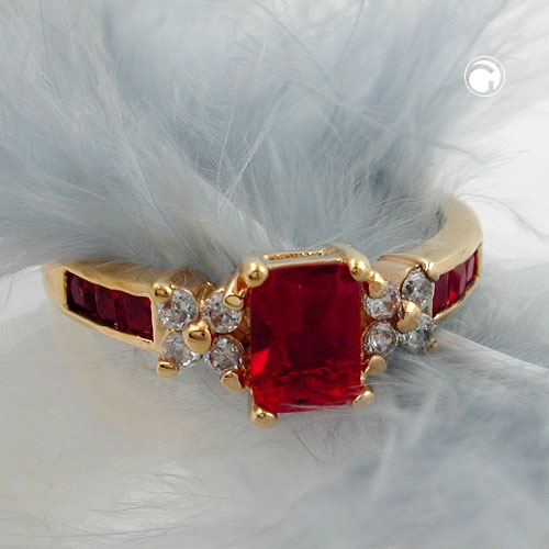 Bague femme plaqué or cristaux zirconium rouges blancs, vue détaillée
