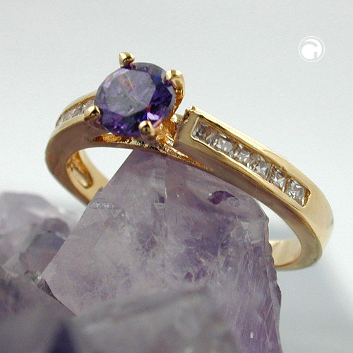 Bague large plaqué or ornée de zircon violets et blancs