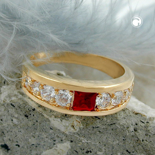 Bague plaqué or 3 microns, zirconium rouge et blanc
