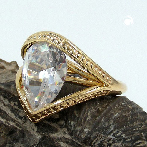 Bague en plaqué or triple couche ornée d'une pierre blanche