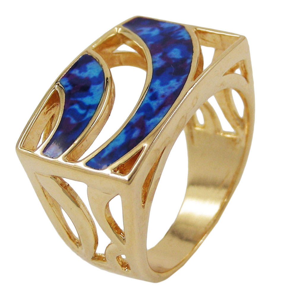 Bague plaqué or émail bleu marbré vue de face