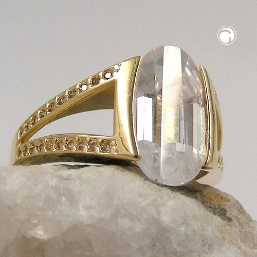 Bague ornée d'un zircon blanc sur fond or, vue de profil