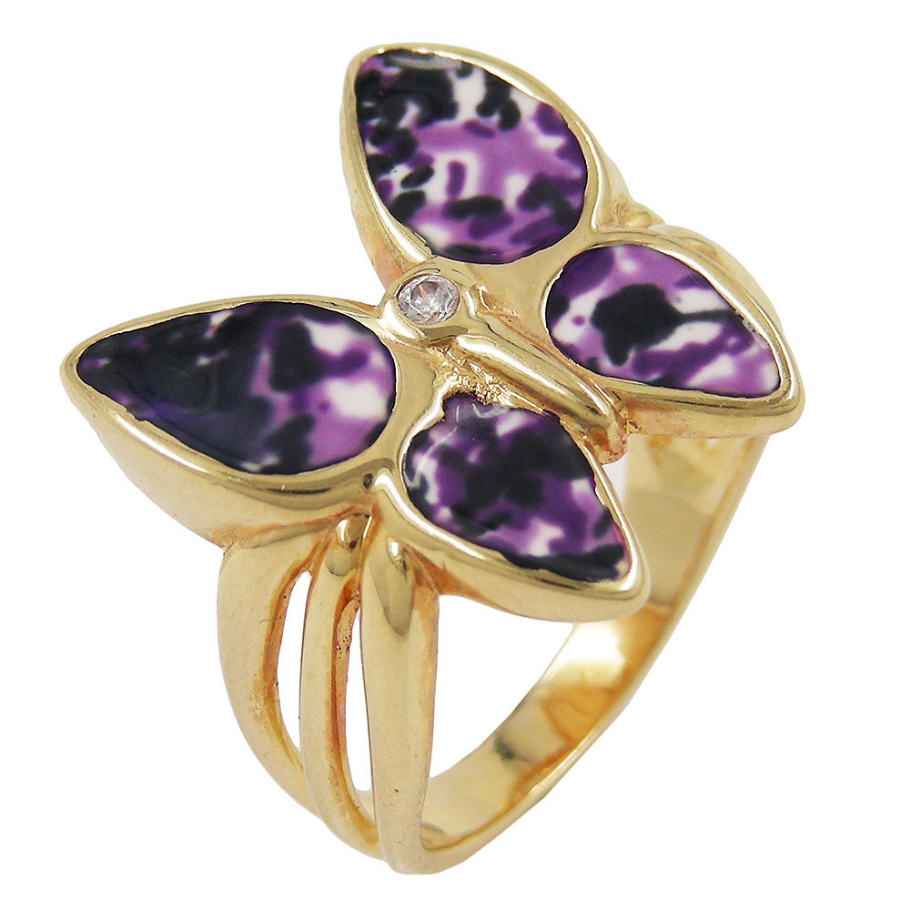 Bague plaqué or papillon avec zirconia et émail violet