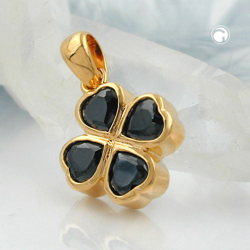 Pendentif porte-bonheur trèfle plaqué or cristaux noirs