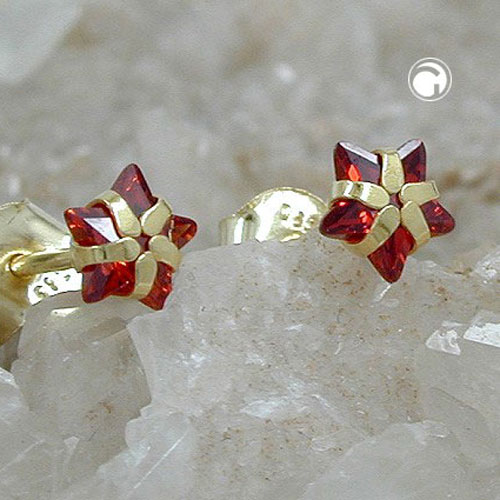 Clous d'oreilles or étoile avec grenat sur fond blanc
