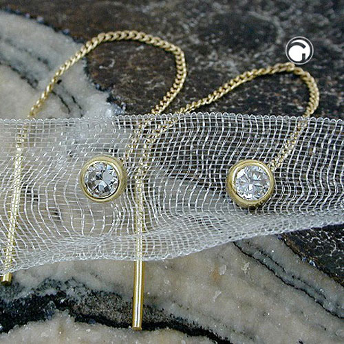 Boucles d'oreilles pendantes or 9k zircon vue rapprochée