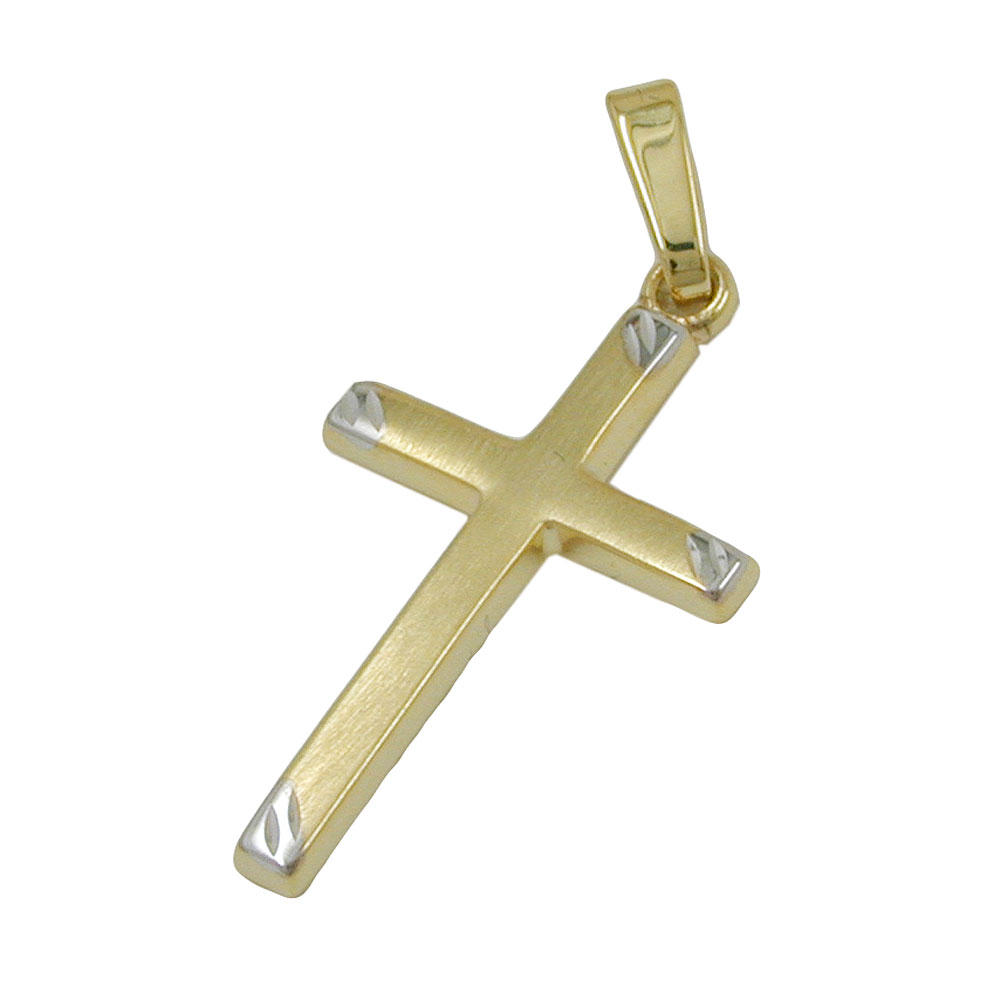 Pendentif croix or 9 carats bicolore mat 22x13mm