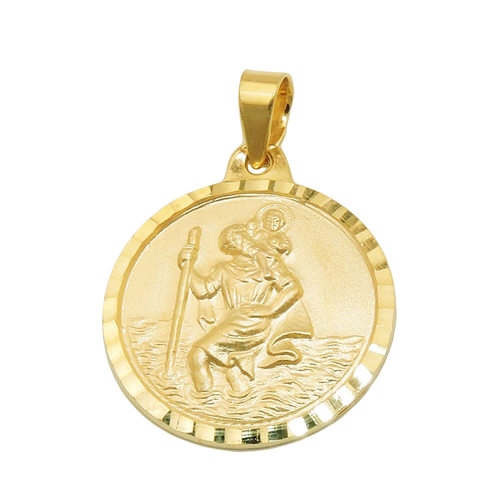 Pendentif or 9 carats Saint Christophe 16 mm motif mat bord diamanté