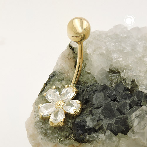 Bijou nombril or jaune 375 fleur 23x10mm zirconium cubique griffe