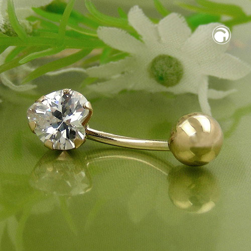 Bijou nombril courbé or 585 zirconia coeur vue de profil