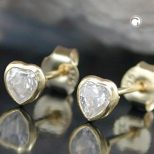 Paire de boucles d'oreilles or cœur zirconium blanc vue de face