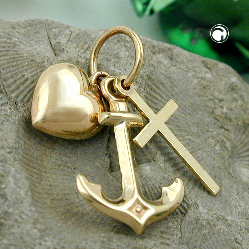 Pendentif or 375 trois motifs croix coeur ancre vue détaillée