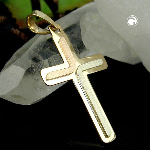 Croix pendentif or 585 avec lignes rose et rhodiée vue de face