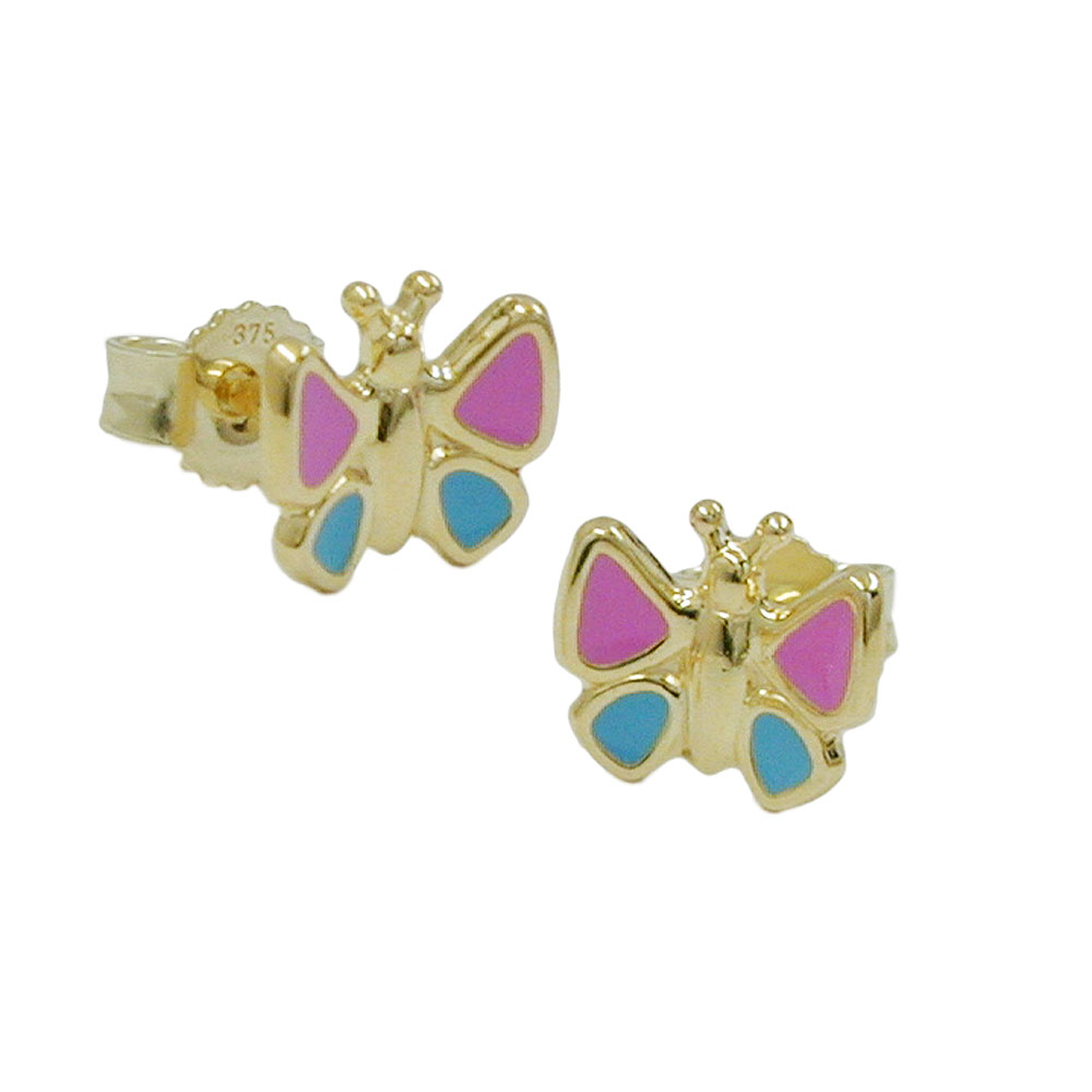 Boucles d'oreilles or papillon rose et bleu clair 7mm