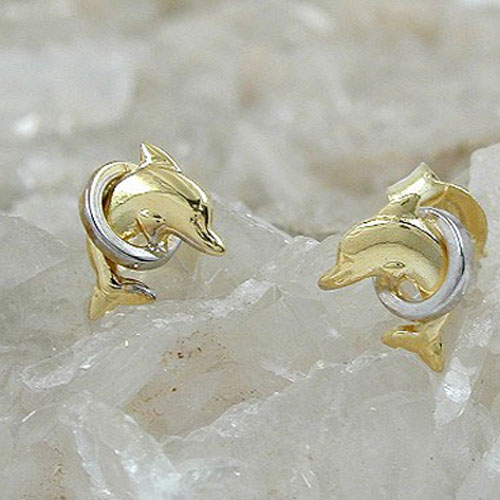 Paire de boucles d'oreilles or dauphin avec anneau plaqué rhodium