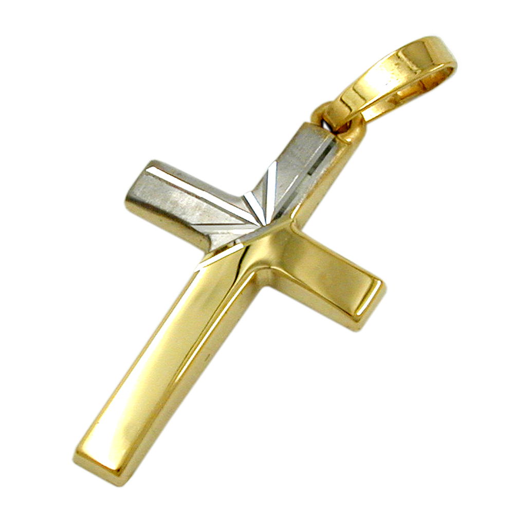 Pendentif croix bicolore en or 14K, fini brillant et mat avec taille diamant