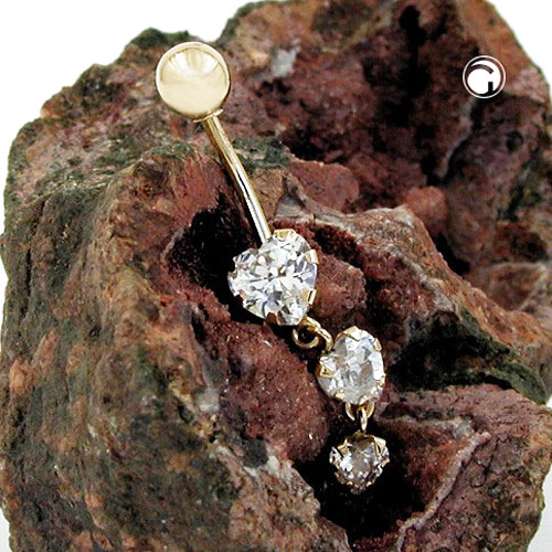 Bijou nombril or 585 avec trois breloques cœurs en zirconium