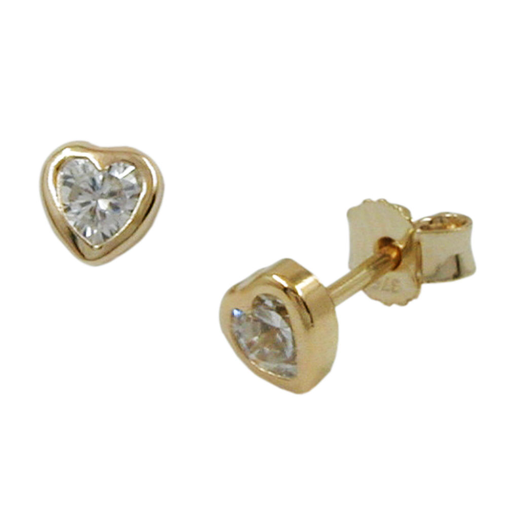 Boucles d'oreilles or 9 carats en forme de cœur avec zirconium