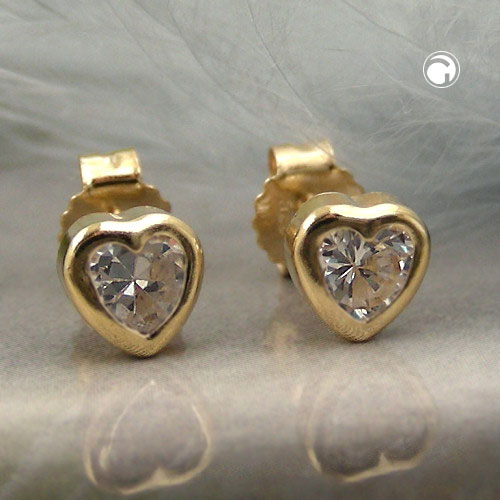 Paire de boucles d'oreilles or cœur zirconium vue de face