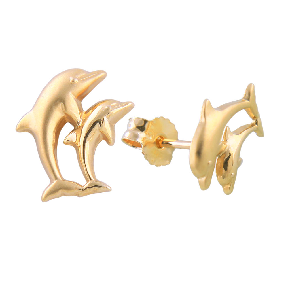 Boucles d'oreilles or 9 carats couple de dauphins mat et brillant