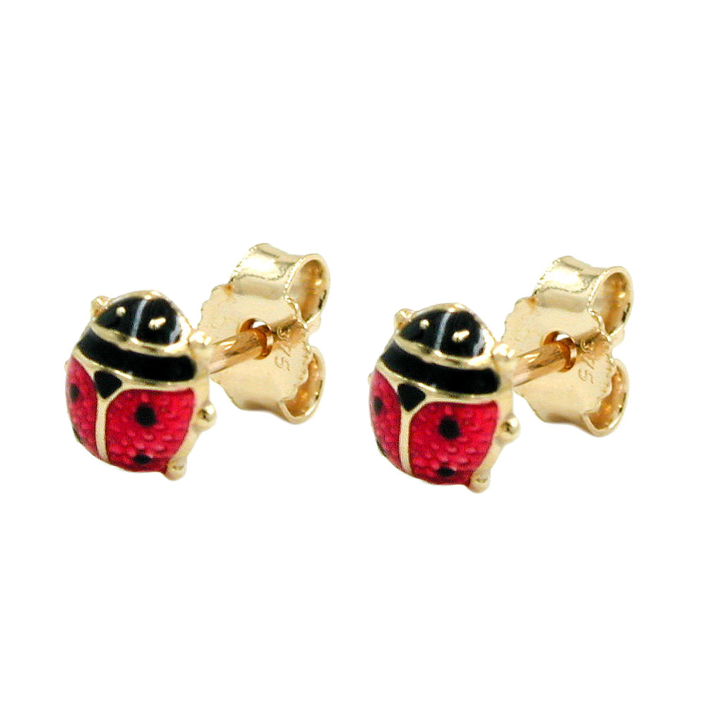 Boucles d'oreilles or coccinelle laquée rouge et noir 9 carats