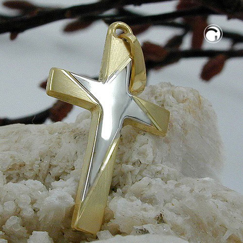 Croix or 14K bicolore plaqué rhodium vue de face