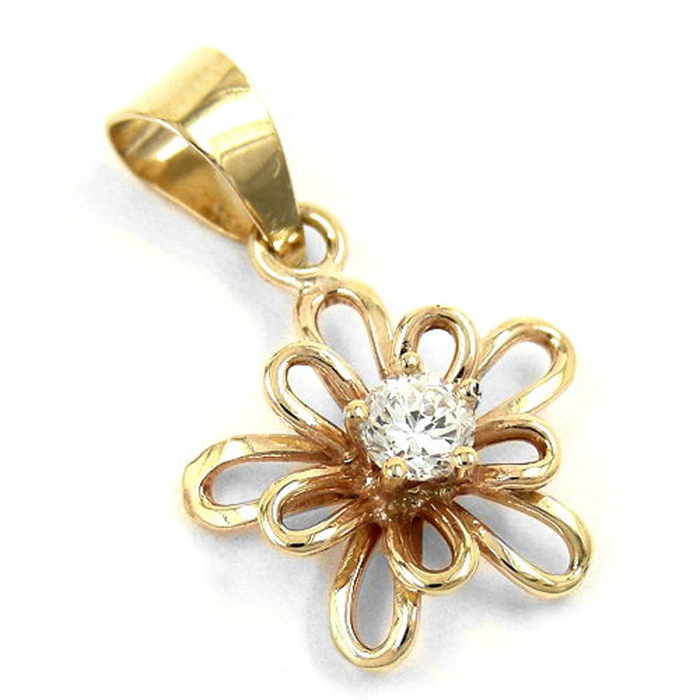 Pendentif fleur or 9 carats avec zirconium blanc de face