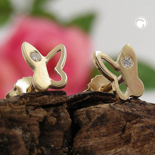Boucles d'oreilles or 9 carats papillon avec zirconium vue de profil